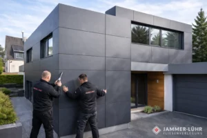 2 Arbeiter bauen Aluplatten Fassade.